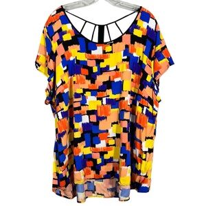 Cato Plus Size Multicolored Art Deco Funky Pattern Open Cutout Back Blouse 26/28